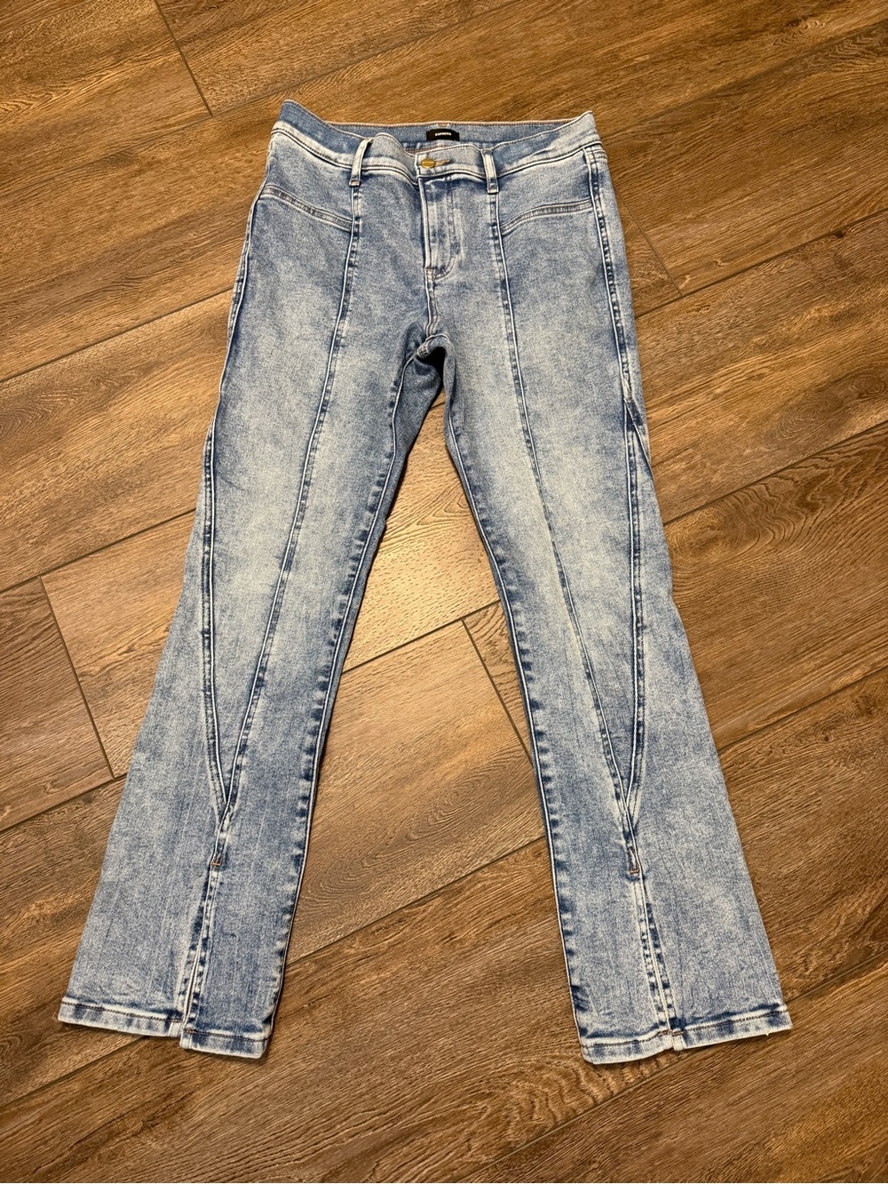 Express Acid Wash Light Blue Straight Leg Jeans with Panel Seams